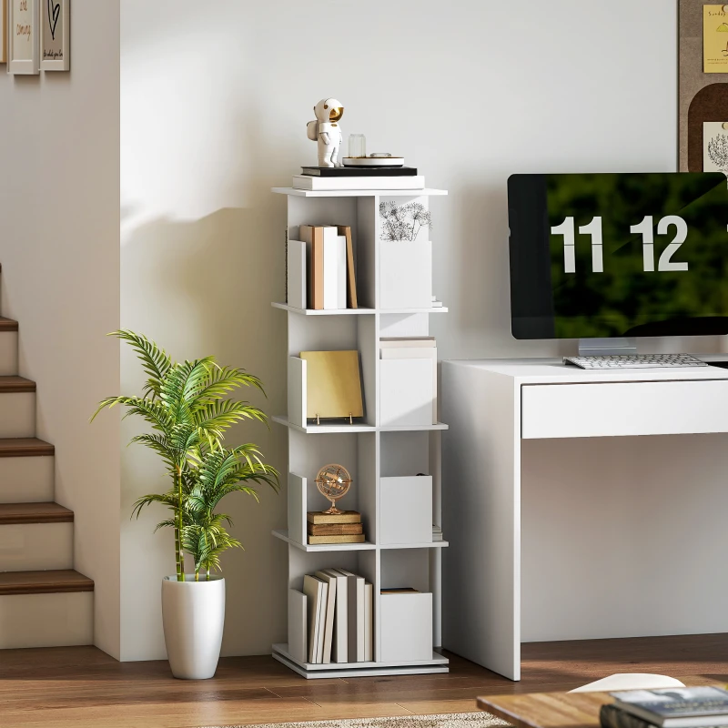 HOMCOM 360° Rotating Bookcase, 4 Tier Bookshelf with 16 Cubbies for Small Space, Living Room, Bedroom, Study, White Wood Grain