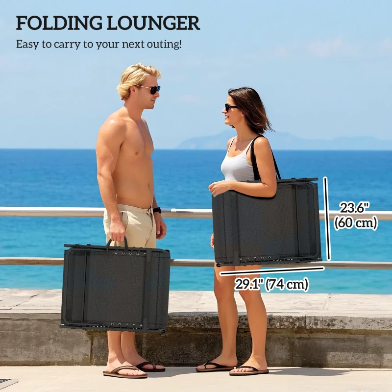 Outsunny Outdoor Lounge Chair Set of 2, Folding Chaise Lounge Tanning Chair with Cushion, Side Pocket, Black/Grey