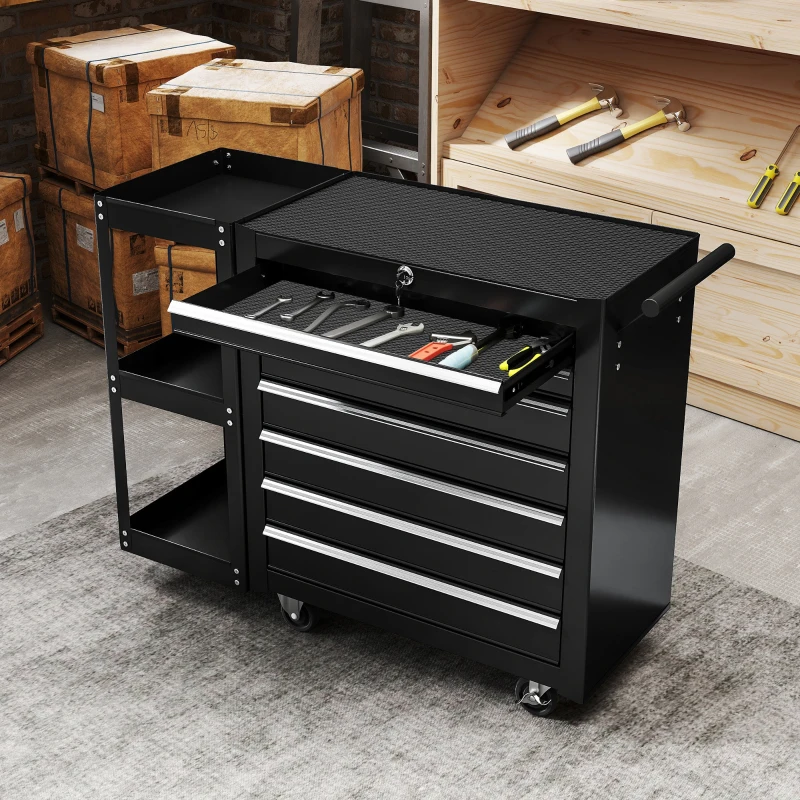 HOMCOM 7-Drawer Rolling Tool Chest with Detachable Side Shelf, Lockable Tool Cabinet Box Organizer with Wheels, Black