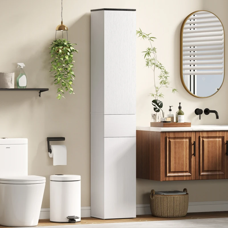 HOMCOM Tall Bathroom Cabinet with 2 Cupboards and Drawer, Slim Bathroom Storage Cabinet with Adjustable Shelves, White