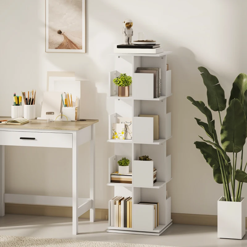 HOMCOM 360° Rotating Bookcase, 4 Tier Bookshelf with 16 Cubbies for Small Space, Living Room, Bedroom, Study, White Wood Grain