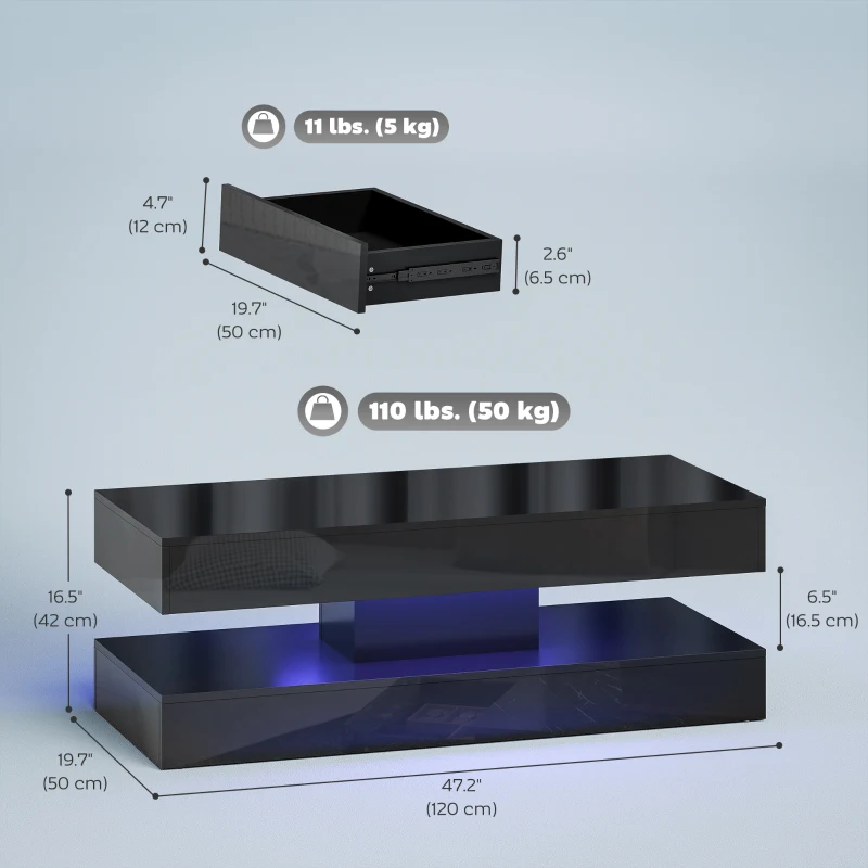 HOMCOM Coffee Table with Adjustable LED Lights, Modern Living Room Table with 2 Drawers, Open Shelf, Remote, High Gloss Black