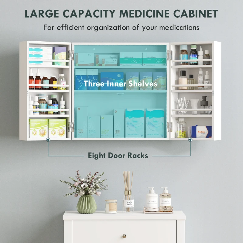 HOMCOM Wall Mount Medicine Cabinet, Bathroom Cabinet with 4 Tier Shelves, Lockable with 2 Keys for Kitchen, White