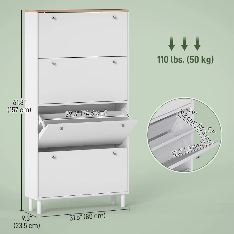HOMCOM Narrow Shoe Cabinet with 4 Flip Drawers, Shoe Storage Cabinet with Adjustable Shelves, Holds 24–32 Pairs, White