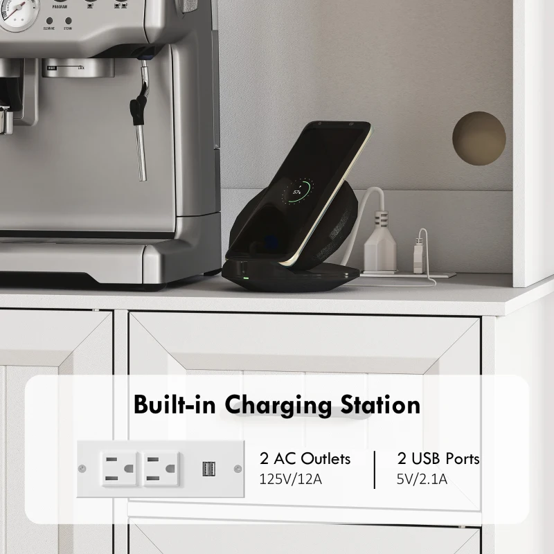 HOMCOM 71" Pantry Cabinet with Charging Station, Kitchen Storage Cabinet with Microwave Stand, Adjustable Shelves, White