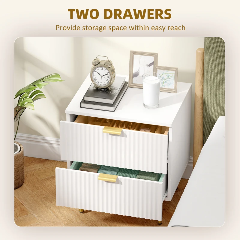 HOMCOM Bedside Table, Modern Nightstand with 2 Drawers, Side End Table with Metal Legs for Living Room, Bedroom, White