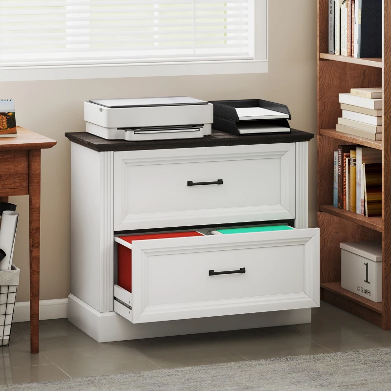HOMCOM Lateral Filing Cabinet, Farmhouse File Cabinet with 2 Silent Drawers for Letter/A4/Legal Size Files, White
