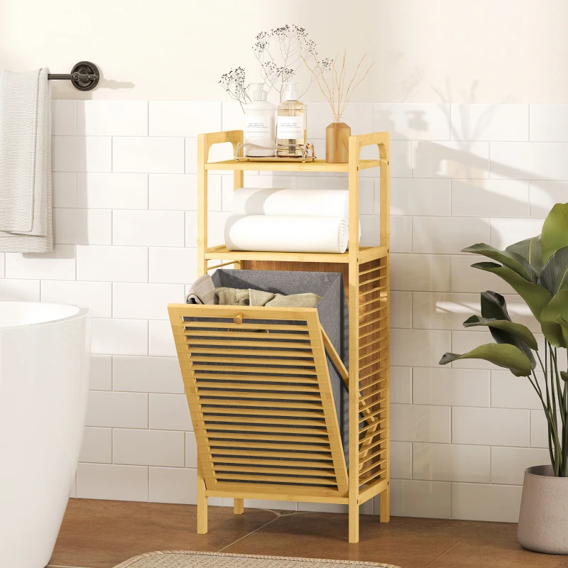 HOMCOM Bamboo Laundry Cabinet, Tilt Out Laundry Hamper with Removable Basket and Open Shelves, Natural