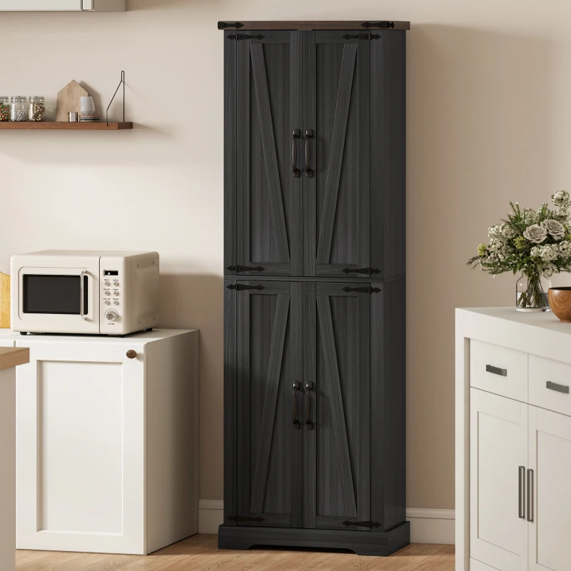 HOMCOM 72" Pantry Cabinet, Farmhouse Freestanding Kitchen Storage Cabinet with Adjustable Shelves for Dining Room, Black