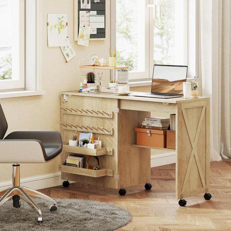 HOMCOM Sewing Machine Table on Wheels, Folding Craft Table with 2 Bins, Storage Shelf, 18 Pegs, Lockable Wheels, Natural