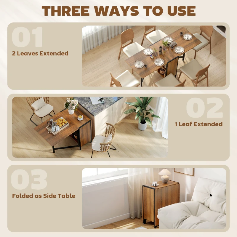 HOMCOM Multi-use Foldable Table with Hideaway Shelves, Drop Leaf Table for Kitchen, Dining, Study and Office, Brown