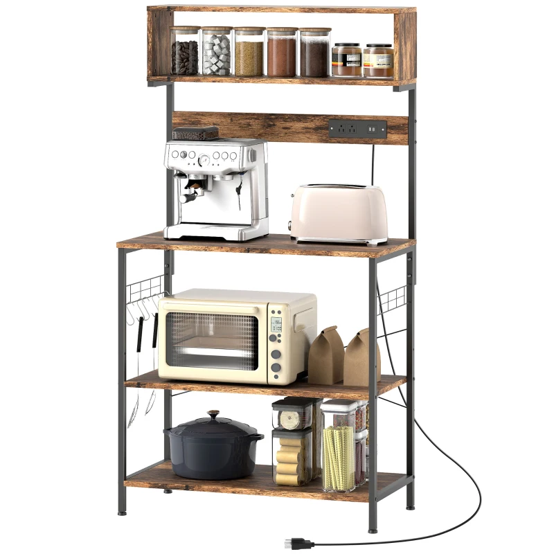 HOMCOM Baker's Rack with Charing Station, Microwave Shelf with Power Outlet, USB Charger and 5 Hooks, Rustic Brown