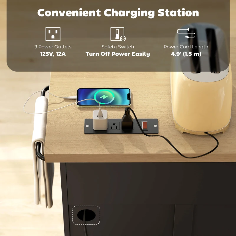 HOMCOM Farmhouse Kitchen Island Cart with Power Outlet and Soft-Close Doors, 49" Kitchen Island with 3 Drawers, Black