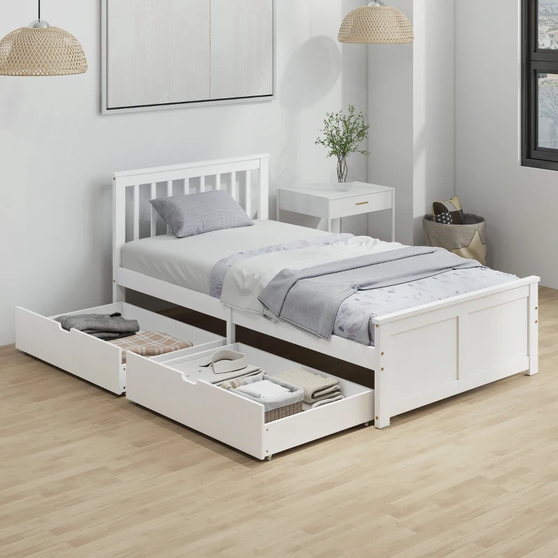 HOMCOM Pine Twin Bed Frame, Wood Storage Bed Frame with Drawers, Wood Slat Support, No Box Spring Needed, Easy Assembly, White