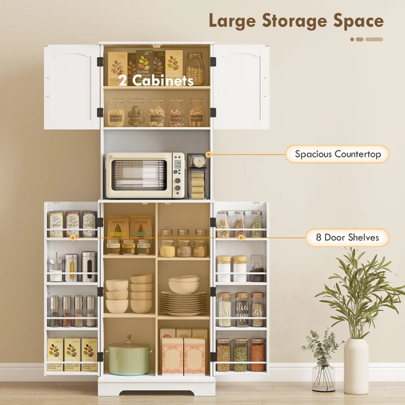 HOMCOM 71.5" Tall Pantry Cabinet, Farmhouse Kitchen Storage Cabinet with Adjustable Shelves, 8 Door Spice Racks, White