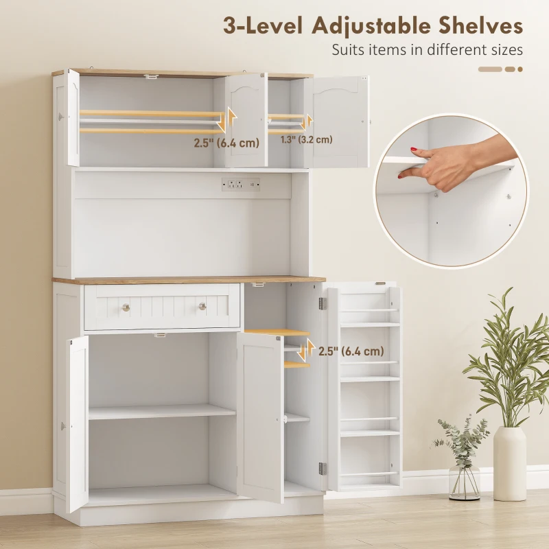 HOMCOM 68" Pantry Cabinet with Charging Station, Kitchen Storage Cabinet with Microwave Stand, 4 Door Racks, White