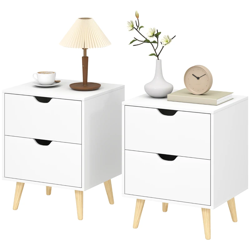 HOMCOM Modern Bedside Table Set of 2, Nightstand with 2 Drawers and Pine Wood Legs for Bedroom, Living Room, White