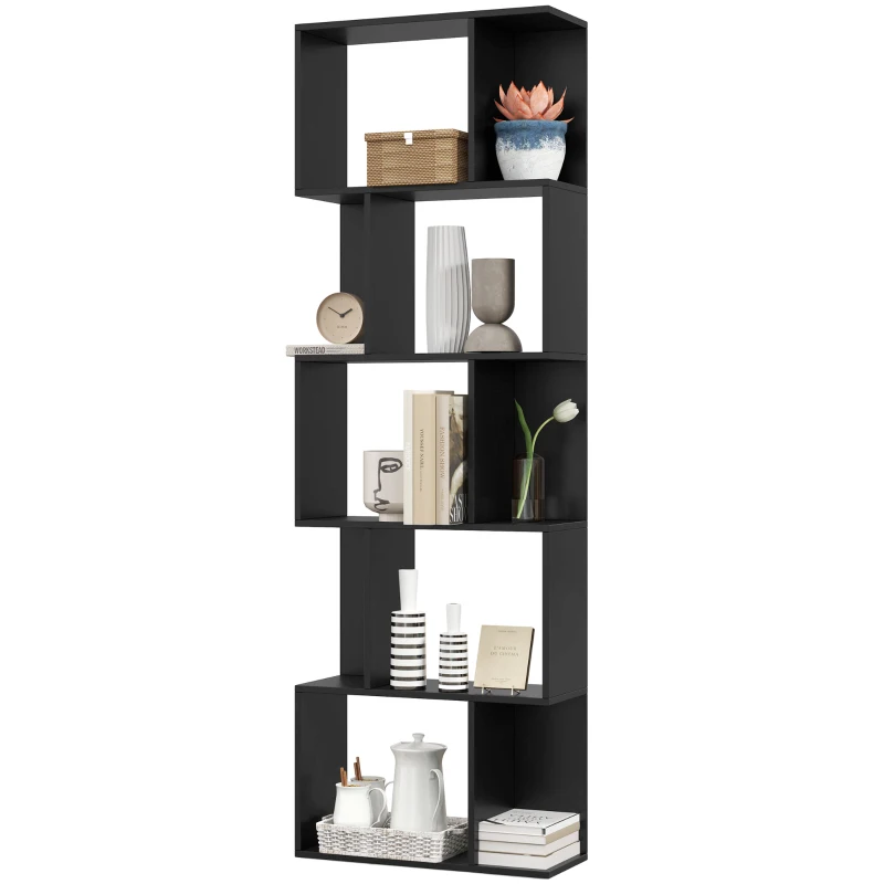 HOMCOM 5-Tier Geometric Bookshelf, S Shaped Bookcase, Modern Freestanding Display Shelf Unit for Home Office, Black