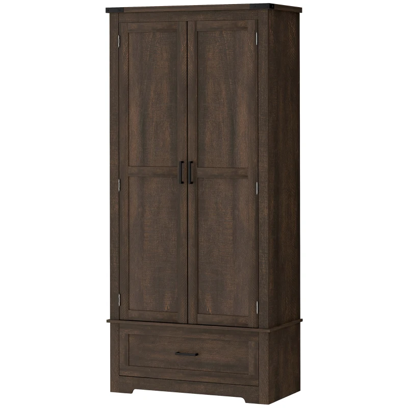 HOMCOM 69" Tall Farmhouse Kitchen Pantry Cabinet with 2 Doors, Drawer and Adjustable Shelves, Dark Brown