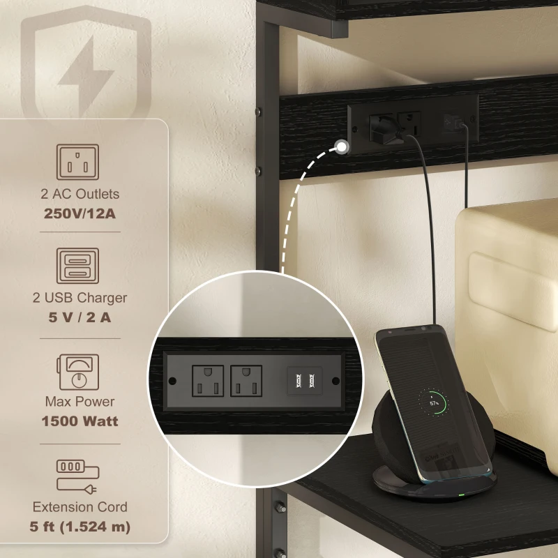 HOMCOM Baker's Rack with Charing Station, Microwave Shelf with Power Outlet, USB Charger and 5 Hooks, Black