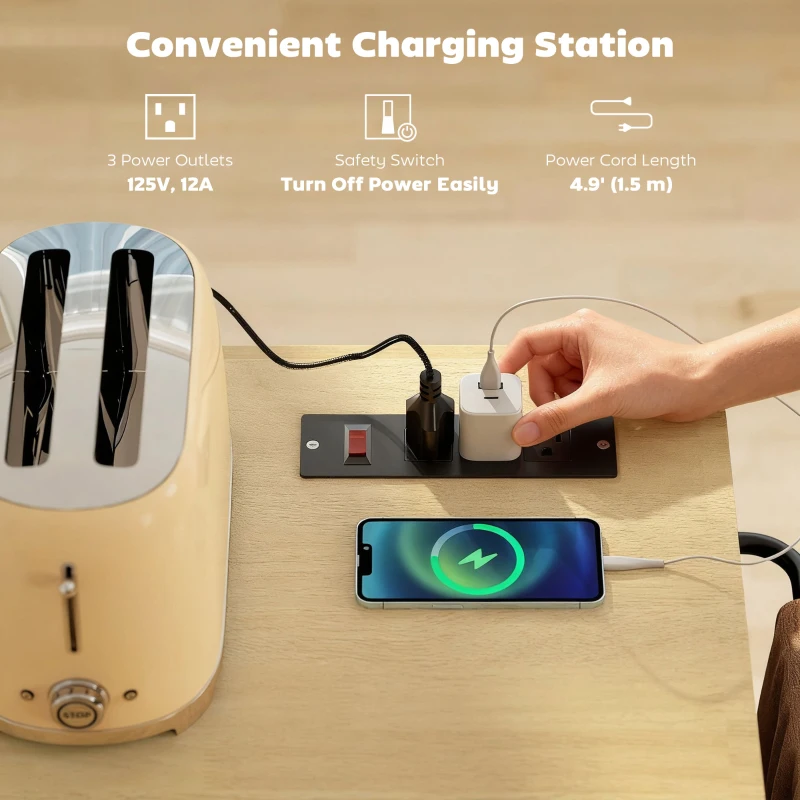 HOMCOM Kitchen Island Cart with Charging Station and Drop Leaf, Kitchen Island Table on Wheels with Trash Can Cabinet, White