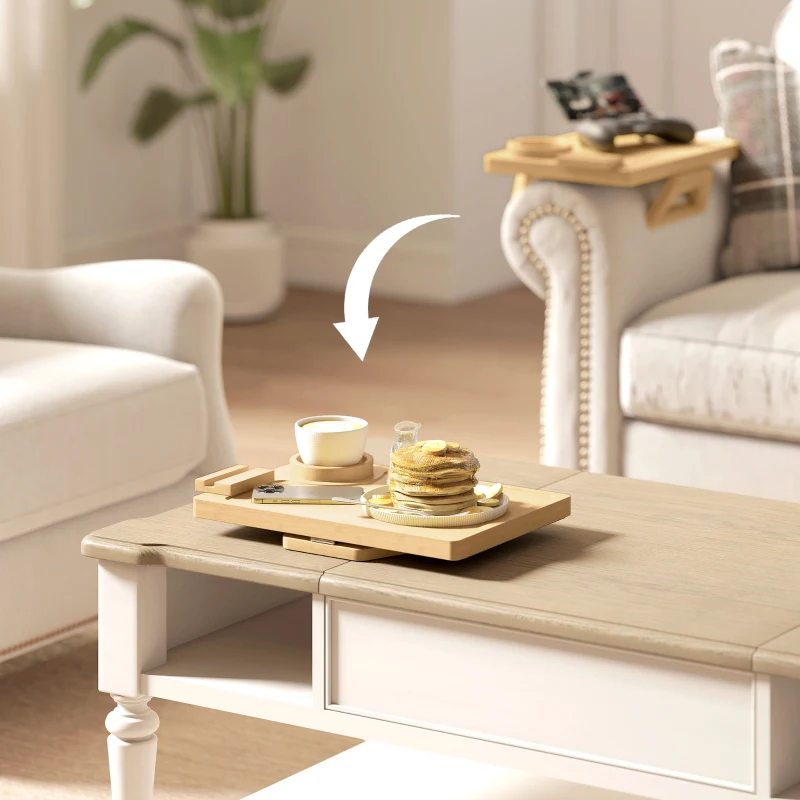 HOMCOM Couch Arm Tray, Clip-On Side Table with 360° Rotating Phone Holder and Removable Cup Holder, Natural
