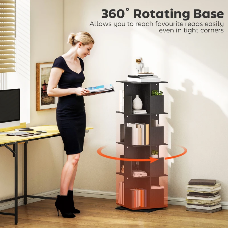 HOMCOM 360° Rotating Bookcase, 4 Tier Bookshelf with 16 Cubbies for Small Space, Living Room, Bedroom, Study, Black Wood Grain