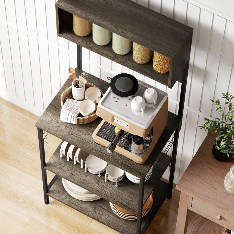HOMCOM Baker's Rack with Charing Station, Microwave Shelf with Power Outlet, USB Charger and 5 Hooks, Distressed Grey