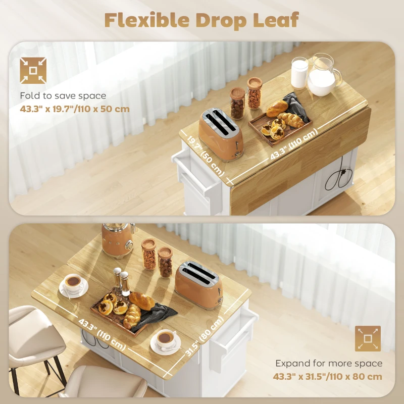 HOMCOM Kitchen Island Cart, Portable Kitchen Island Table with Charging Station, Rubber Wood Drop Leaf, Trash Storage, White