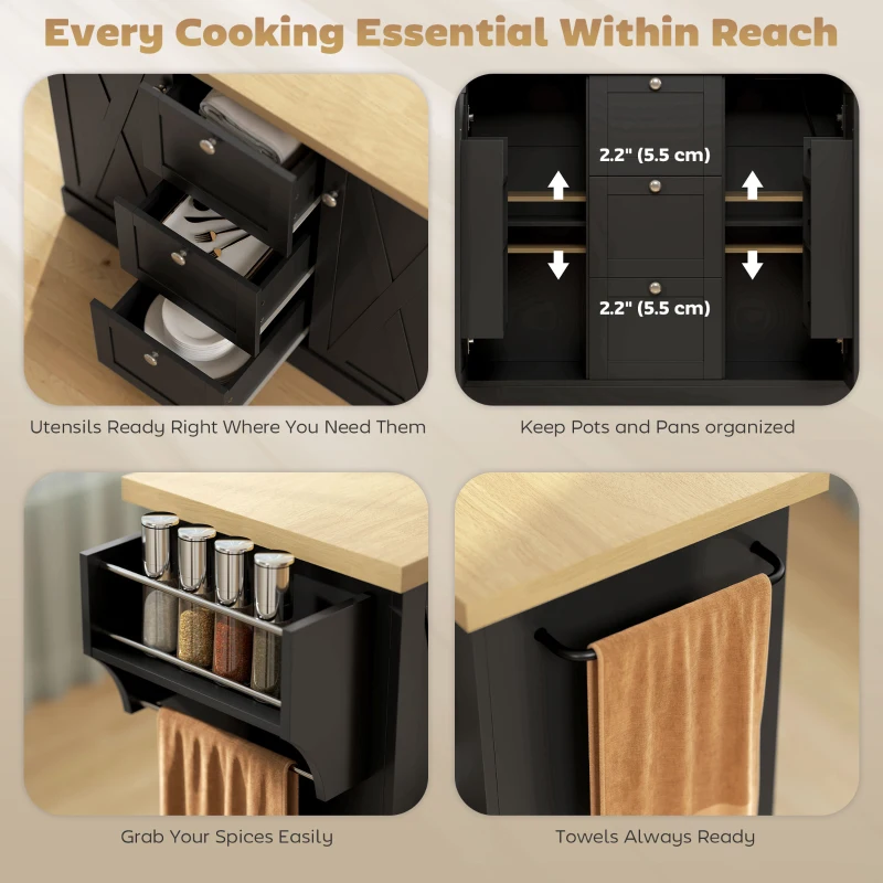 HOMCOM Farmhouse Kitchen Island Cart with Power Outlet and Soft-Close Doors, 49" Kitchen Island with 3 Drawers, Black