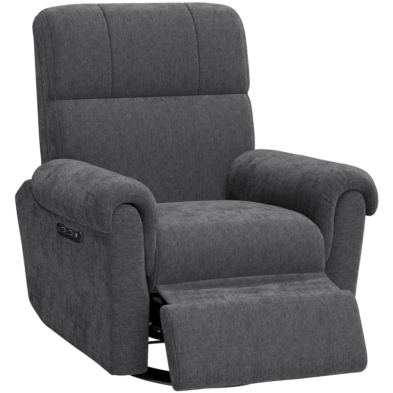 HOMCOM Power Recliner Chair, Fabric Upholstered Recliner Chair with USB Ports, Swivel and Rocking Function, Footrest, Dark Grey
