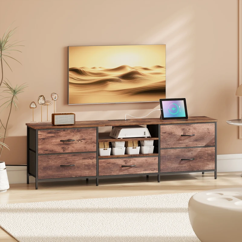 HOMCOM TV Stand for TVs up to 70 Inch, Industrial TV Console with Charging Station, 5 Drawers and Open Shelves, Rustic Brown