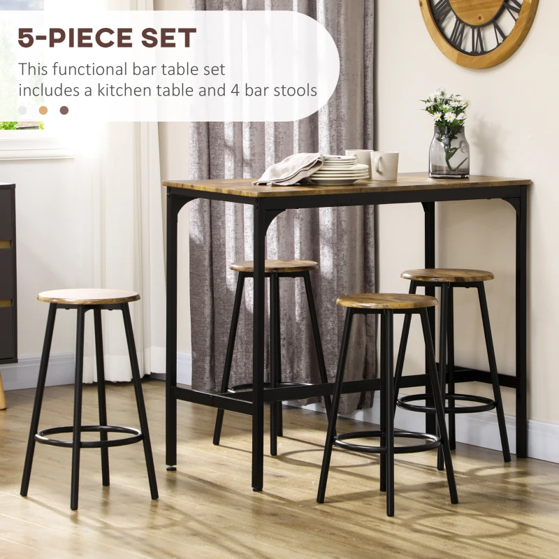 HOMCOM 5-Piece Bar Table Set for 4, Industrial Counter Height Bar Table and Chairs for Kitchen, Dining Room, Rustic Brown