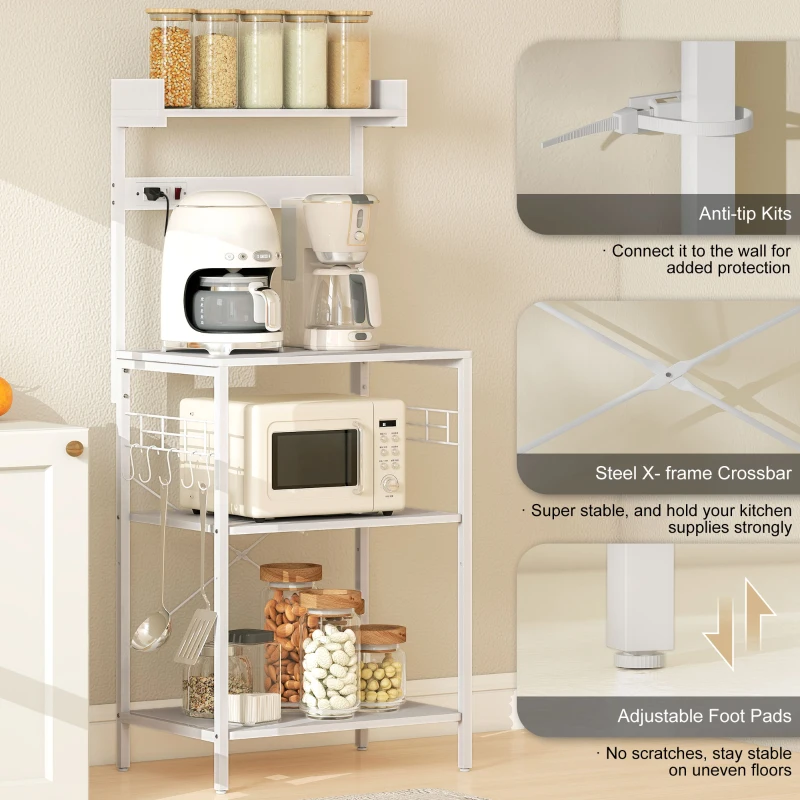HOMCOM Kitchen Baker's Rack with Power Outlet, Coffee Bar Station with Adjustable Shelves and Hooks, Distressed White