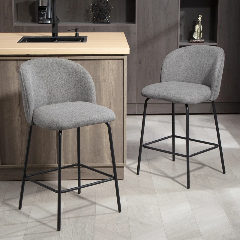 HOMCOM Set of 2 Counter Height Barstools, Upholstered Linen Bar Stools with Backrest, Footrest and Steel Legs, Dark Grey