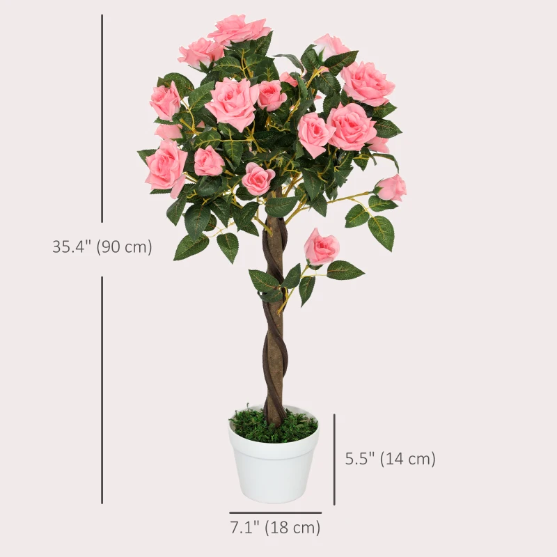 Outsunny 3FT Artificial Plant Pink Rose Floral Set of 2 in Pot, Fake Plant for Home Indoor Decor
