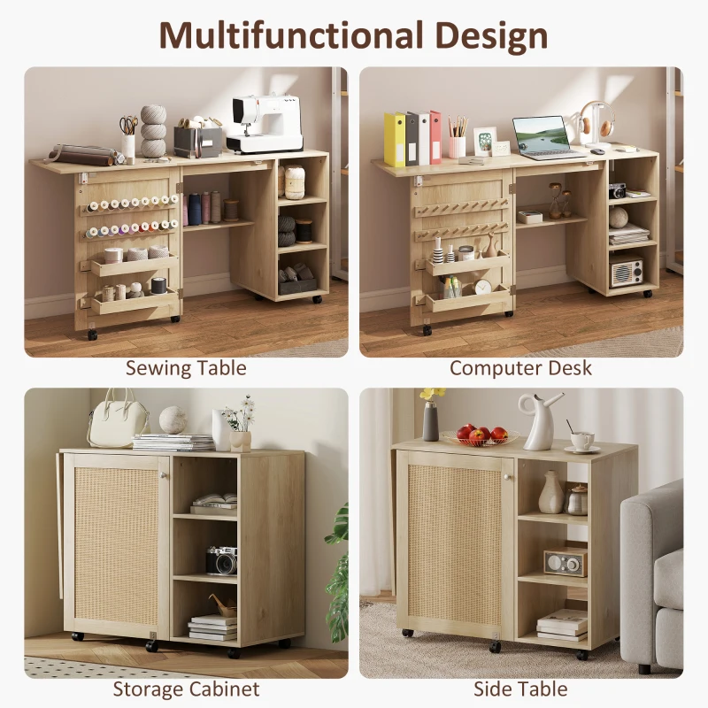 HOMCOM Sewing Machine Table with Drop Leaf, Folding Craft Table Rattan Door and Storage Shelves for Small Spaces, Natural