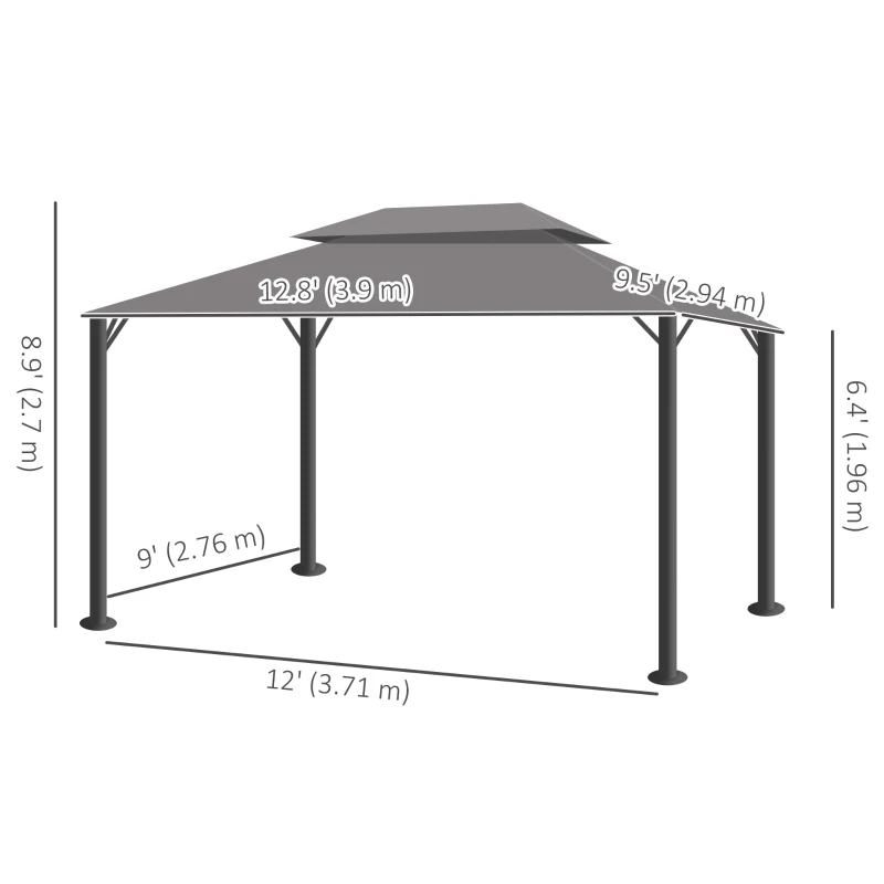 Outsunny 13' x 10' Patio Gazebo Canopy with 2-Tier Polyester Roof, Vented Mesh Sidewall & Strong Aluminum Frame, Light Grey
