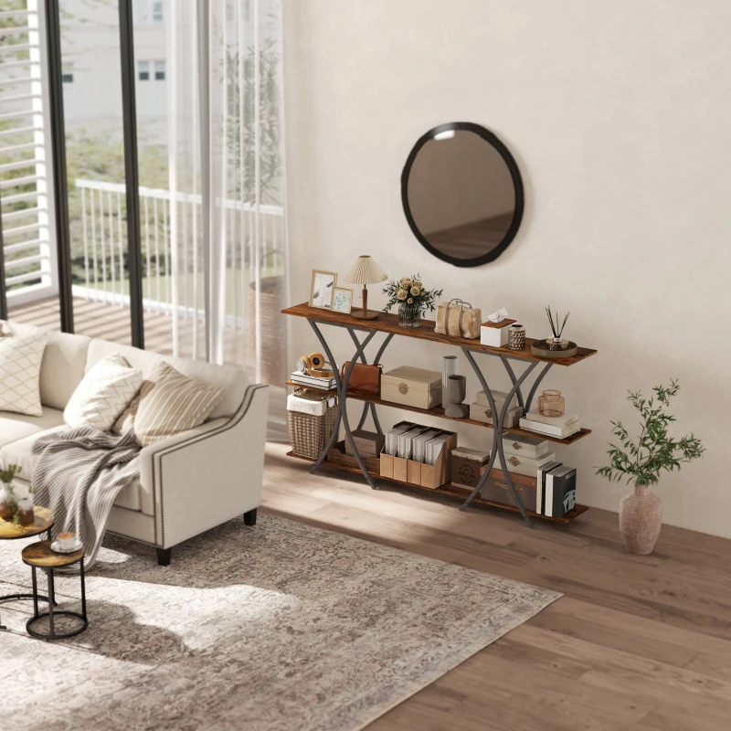 HOMCOM 71" Console Table, 3-Tier Industrial Entryway Table with 2 Storage Shelves for Living Room, Hallway, Rustic Brown
