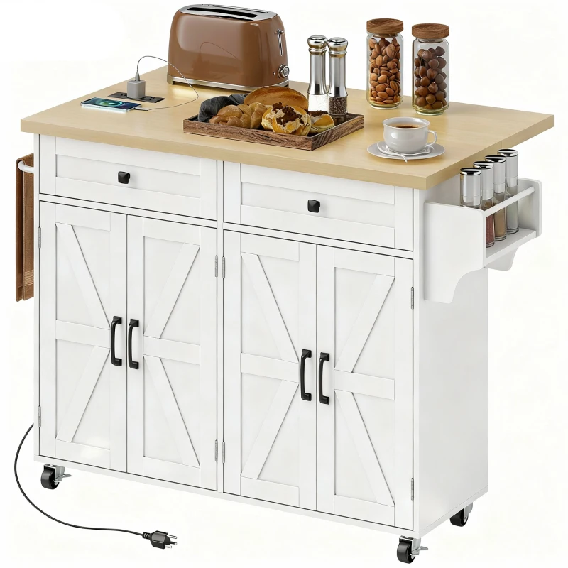HOMCOM Kitchen Island with Storage, Rolling Kitchen Cart with Charging Station, Drop Leaf, Spice Rack, Towel Rack, Drawers