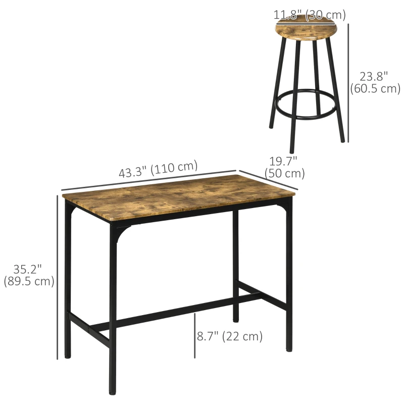 HOMCOM 5-Piece Bar Table Set for 4, Industrial Counter Height Bar Table and Chairs for Kitchen, Dining Room, Rustic Brown
