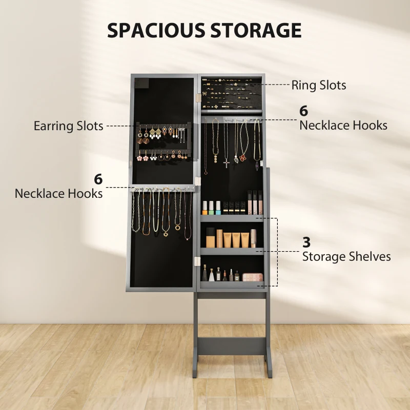 HOMCOM Free Standing Armoire Organizer, Lighted Mirrored Jewelry Cabinet w/ Angle Adjustable & 16 LED Lights, Grey