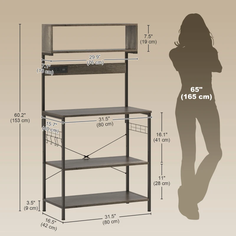 HOMCOM Baker's Rack with Charing Station, Microwave Shelf with Power Outlet, USB Charger and 5 Hooks, Distressed Grey