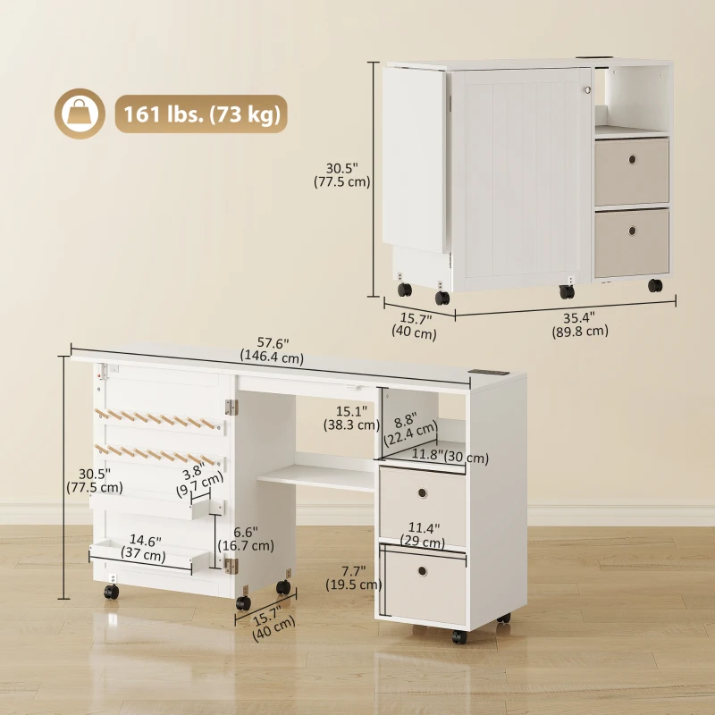 HOMCOM Rolling Sewing Machine Table with Power Outlet, Folding Craft Table with 2 Fabric Drawers, 2 Bins and 18 Pegs, White