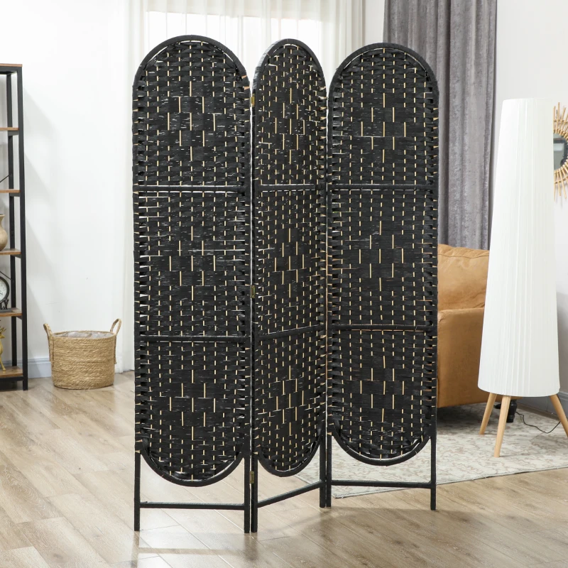 HOMCOM Bohemian Privacy Screen, Folding Room Divider with 3 Panels and Arched Top for Bedroom Living Room Office, Black