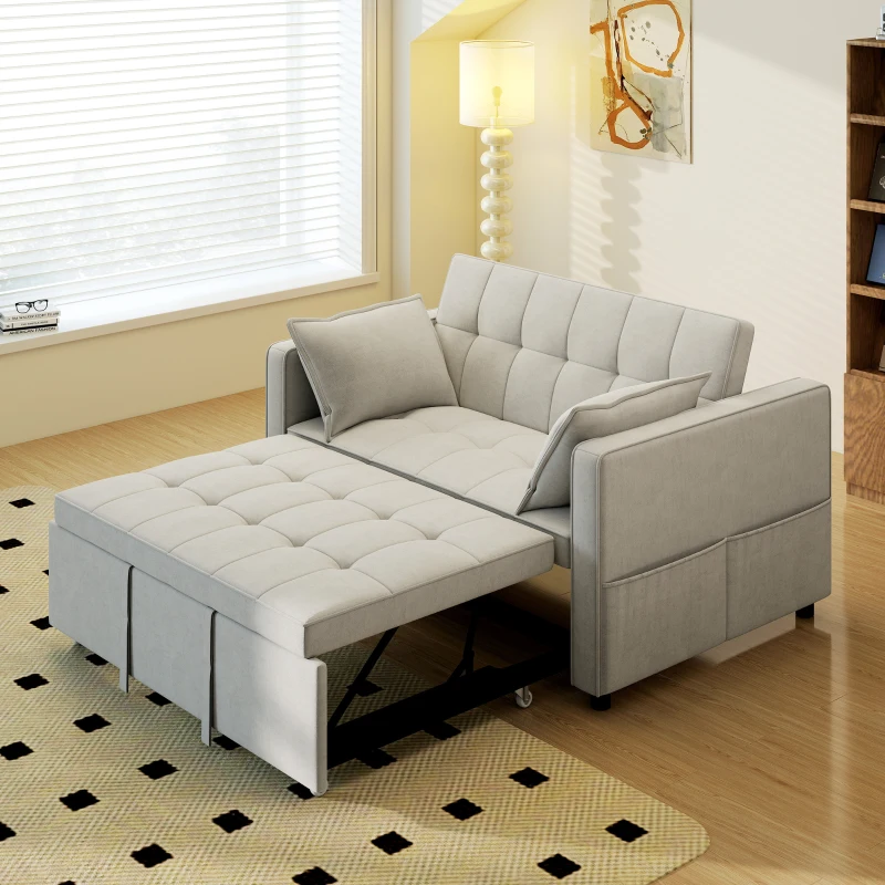 HOMCOM 3‑in‑1 Convertible Sofa Bed, Pull Out Sleeper Sofa with USB Charging, Adjustable Backrest, Side Pockets, Beige