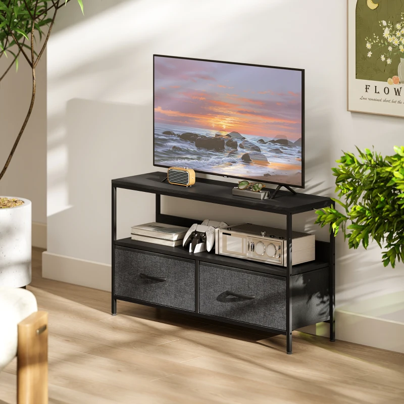 HOMCOM TV Stand with Charging Station, TV Table with 2 Foldable Linen Drawers and Open Shelf for 47 Inch Television, Black