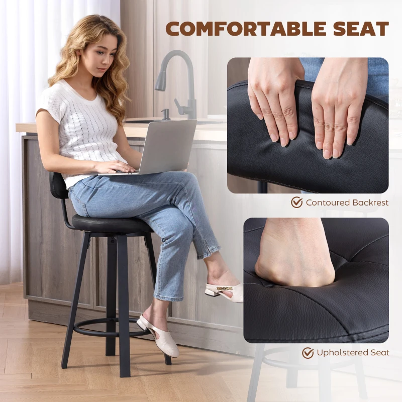 HOMCOM Bar Stools Set of 2, Upholstered Breakfast Bar Chairs with Footrest and Backrest for Kitchen Counter, Black