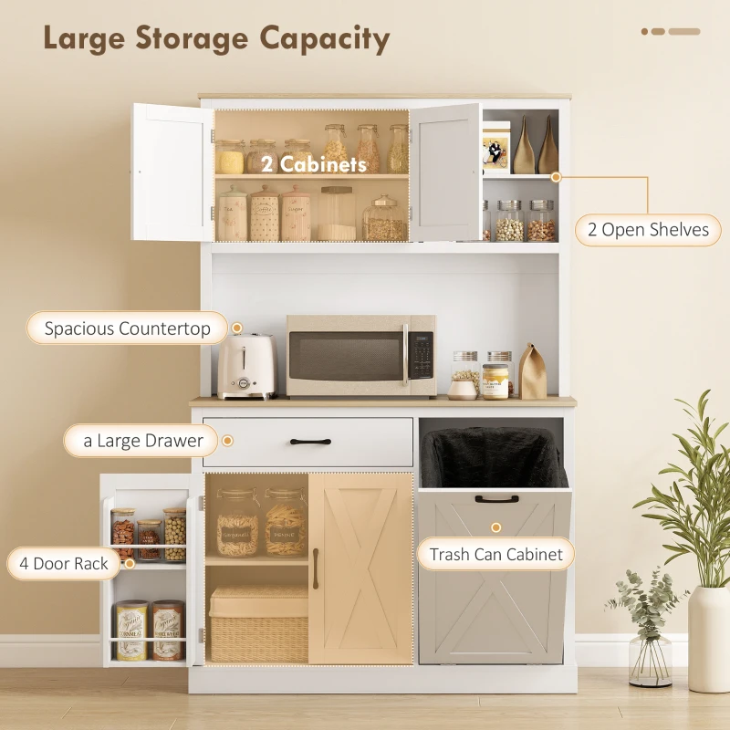 HOMCOM 69" Pantry Cabinet with Charging Station, Kitchen Cabinet with Microwave Stand, Tilt-Out Trash Can Cabinet, White