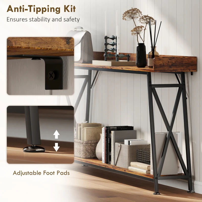 HOMCOM 71" Extra Long Console Table with Storage Shelf and Guardrails, Industrial Entryway Table for Living Room, Rustic Brown